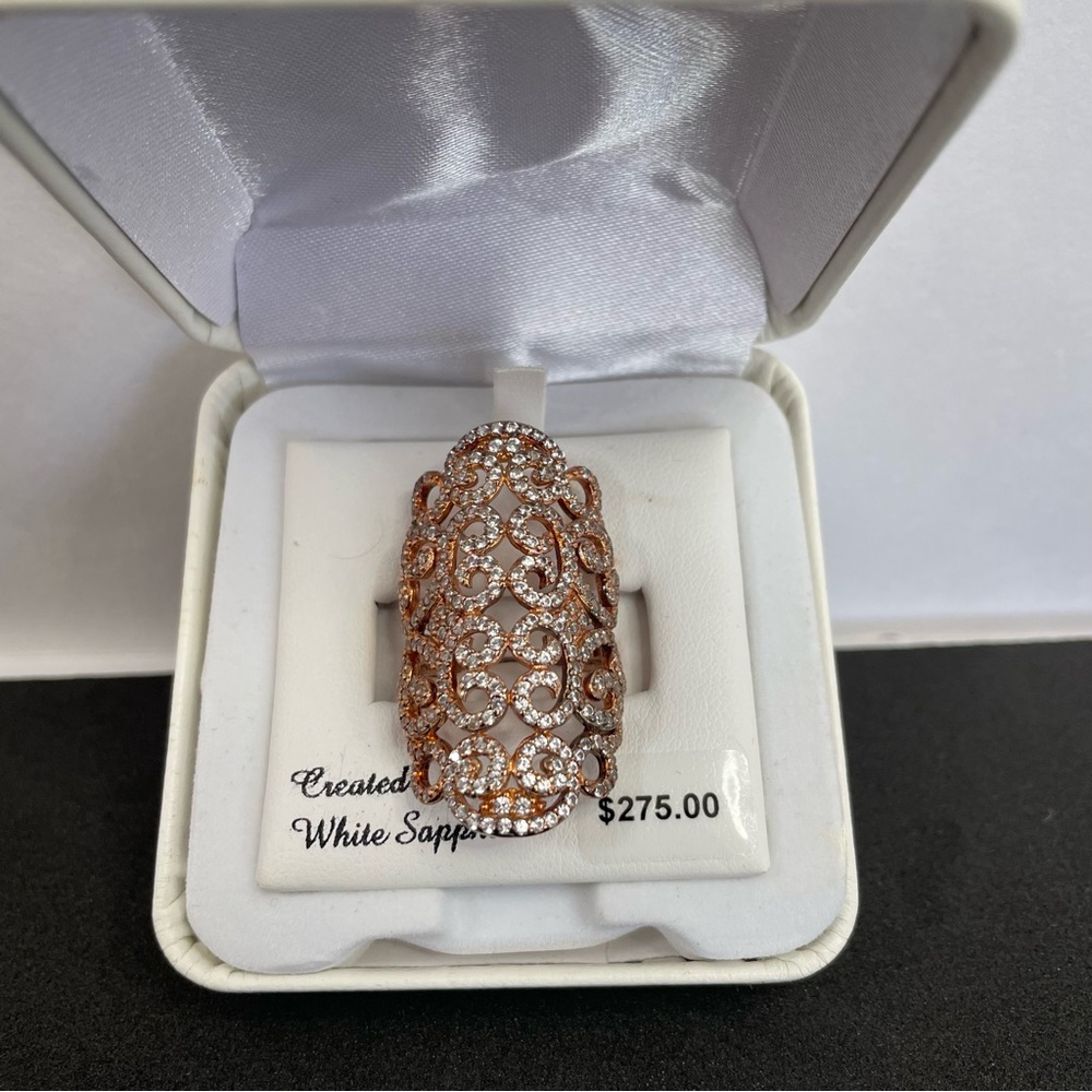 Lab created White Sapphire Arabesque ring 18k rose gold over sterling silver
